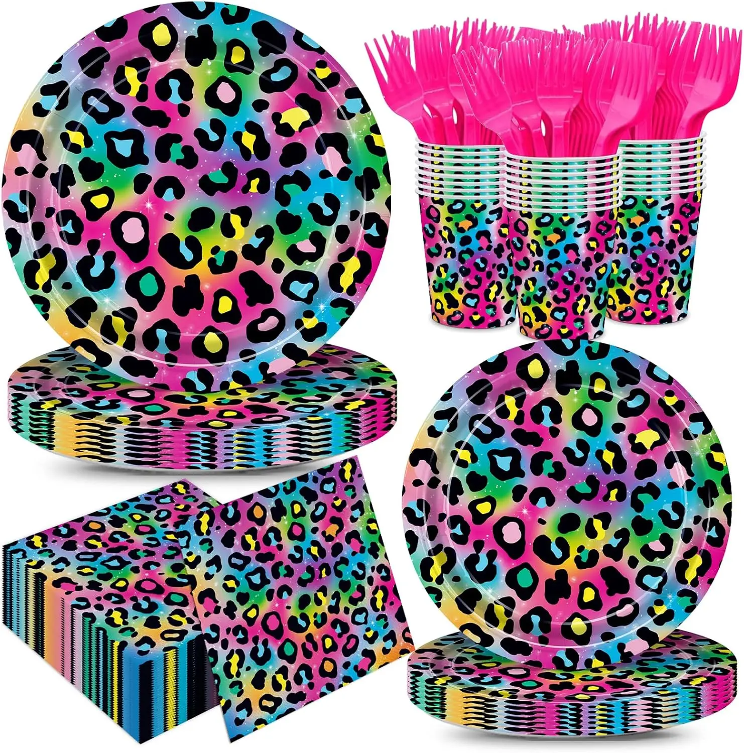 120pcs Neon Rainbow Leopard Happy Birthday Disposable Tableware Set - Serves 24 Guests, Includes Paper Plates, Napkins, Cups, Pink Forks for Girls