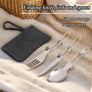 3-Piece Portable Stainless Steel Camping Flatware Set with Folding Spoon, Fork, Knife and Storage Pouch - Polished Finish, Ideal for Hiking, Picnics, Travel - Versatile for Thanksgiving, Day of the Dead, Eid Al-Adha, Father's Day, Mountain