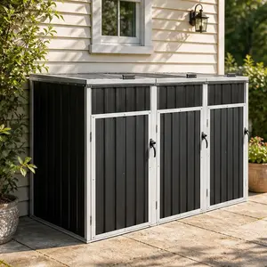 ARCH Outdoor Garbage Bin Shed Metal Trash Can Storage for 3 Cans Dark Grey Galvanized Steel Trash Enclosure for Garden Patio Poolside Backyard Yard Waste Bin Organizer with Lid Easy Clean, DARK GREY Color Options, Metal Material, Color: DARK GREY
