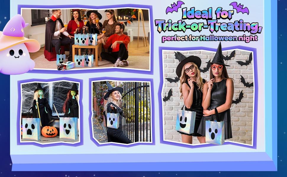 24Pcs Halloween Candy Bucket Holographic Gift Bags Halloween goodie Bags Halloween Candy Bags Party Goodie Bags with Ghost Pumpkin Trick or Treat Bags for Teacher Students Office Employee Coworker,Halloween Birthday Party Favor Supplies
