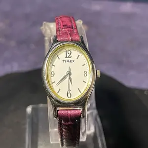Women's Timex Vintage Silver Oval Watch Purple Croc Leather Band