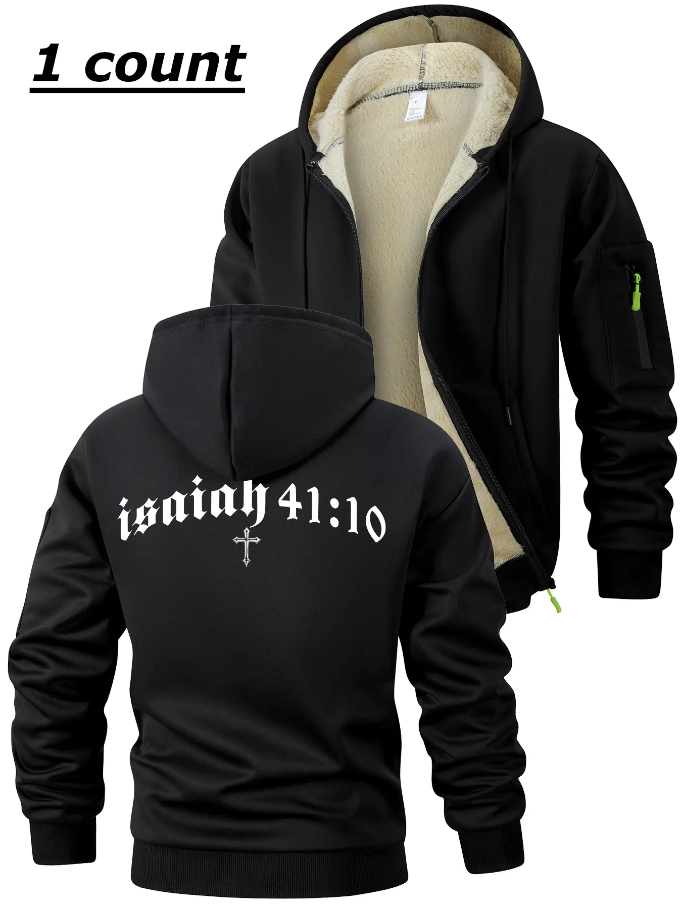 isaiah 41:10 Cross Print Sherpa Fleece Lined Coat for Men, Fall Winter Warm Thermal Plush Hooded Jacket, Sporty Casual Outwear Outfits Tops, Kangaroo Pocket & Zipper Pocket Sleeve