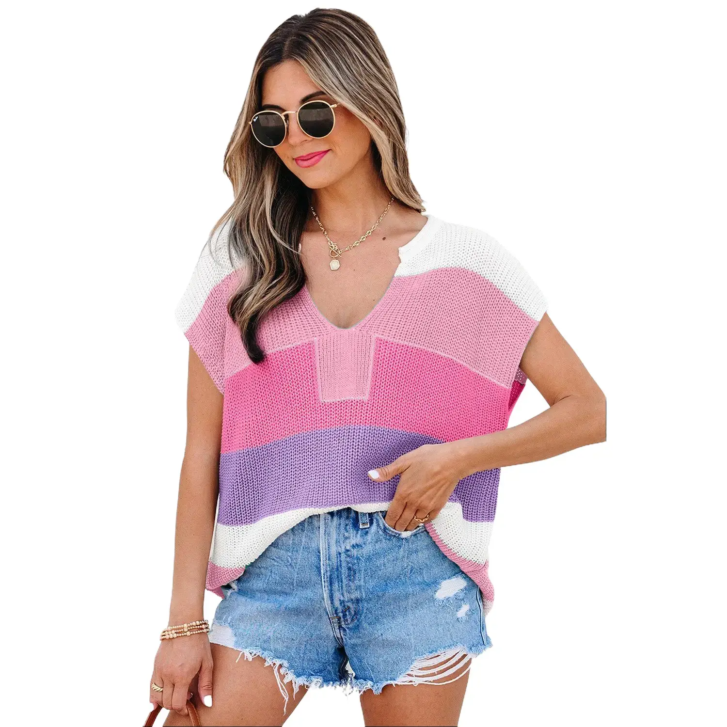 Pink Color Block Notch V Neck Sweater T Shirt