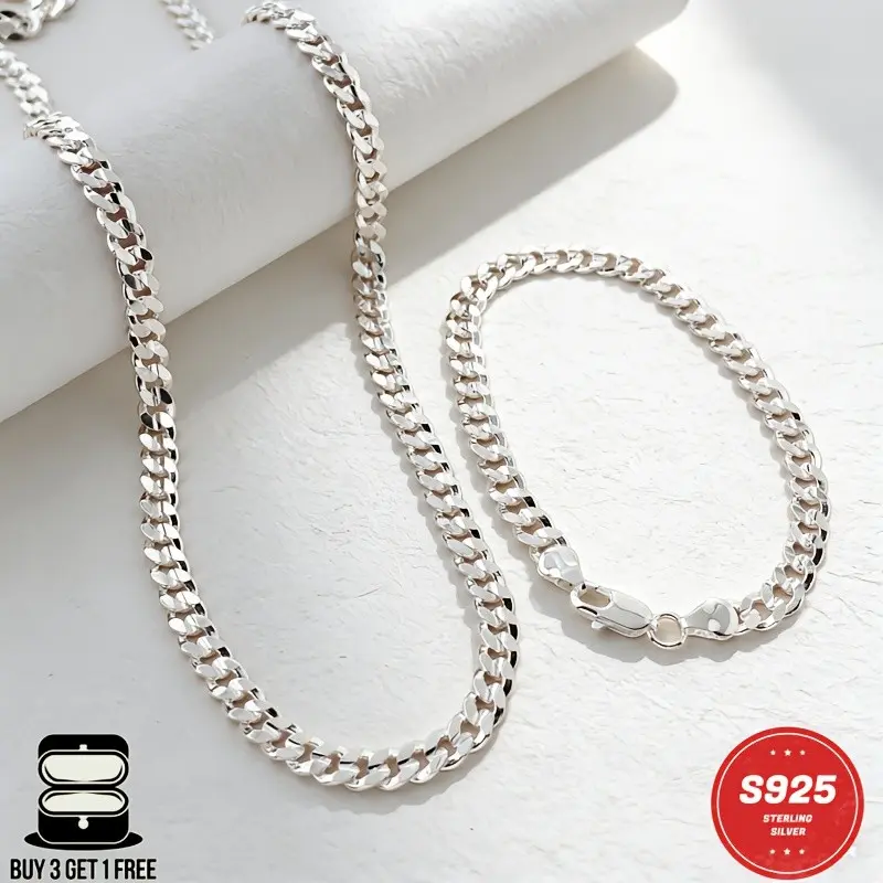 Buy 3 Get 1 Free! 925 Sterling Silvery 7mm Side Concave Cuban Chain Set, Necklace+ Bracelet Complete Set, Full Atmosphere, Unisex Wearable Without Style Choice. Symbolizing Lasting Bonds