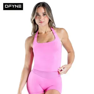 (With Logo) DFYNE New Seamless Halter Neck Sleeveless Tank Top & Shorts Set Women - Yoga Workout Activewear 2-Piece