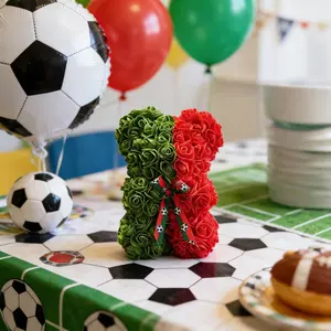 Portuguese Eternal Rose Bear, Artificial Flower Teddy Bear with Soccer Ribbon, Romantic Gift for Football Fans, Home Decoration