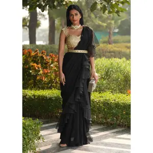 Lara black gold ruffled stitched saree set