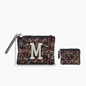 M Initial Embellished Pouch with Coin Bag Hand Beaded Floral Design Fall Colors 10.5" x 7.5" Pouch & 6" x 4.5" Coin Bag Set Perfect Gift for Holidays