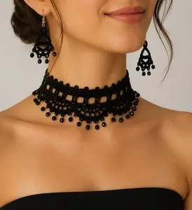 Black Beads Crochet Necklace & Earrings
