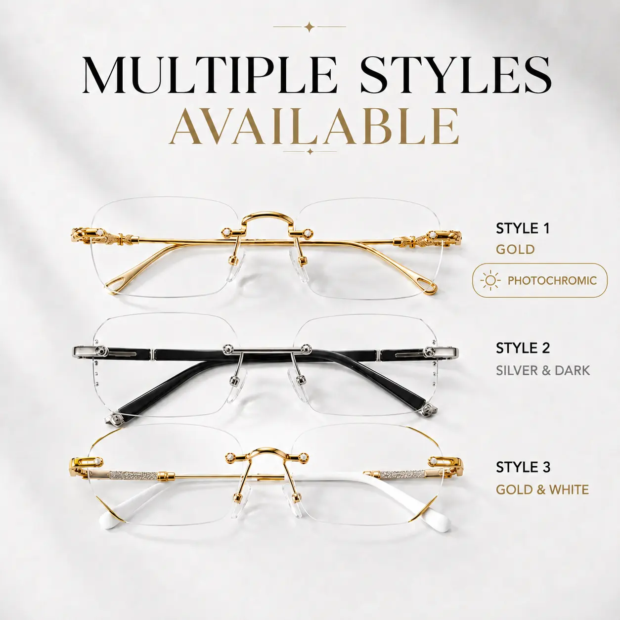 Lightweight Rimless Reading Glasses +2.0 Strength, Unisex Eyewear with Blue Light Filter and Selectable Gold Photochromic Lenses for Daily Wear, Gold Rimless(Photochromic Lenses +2.0), Multiple Styles, Blue Light Blocking Lens, Metal