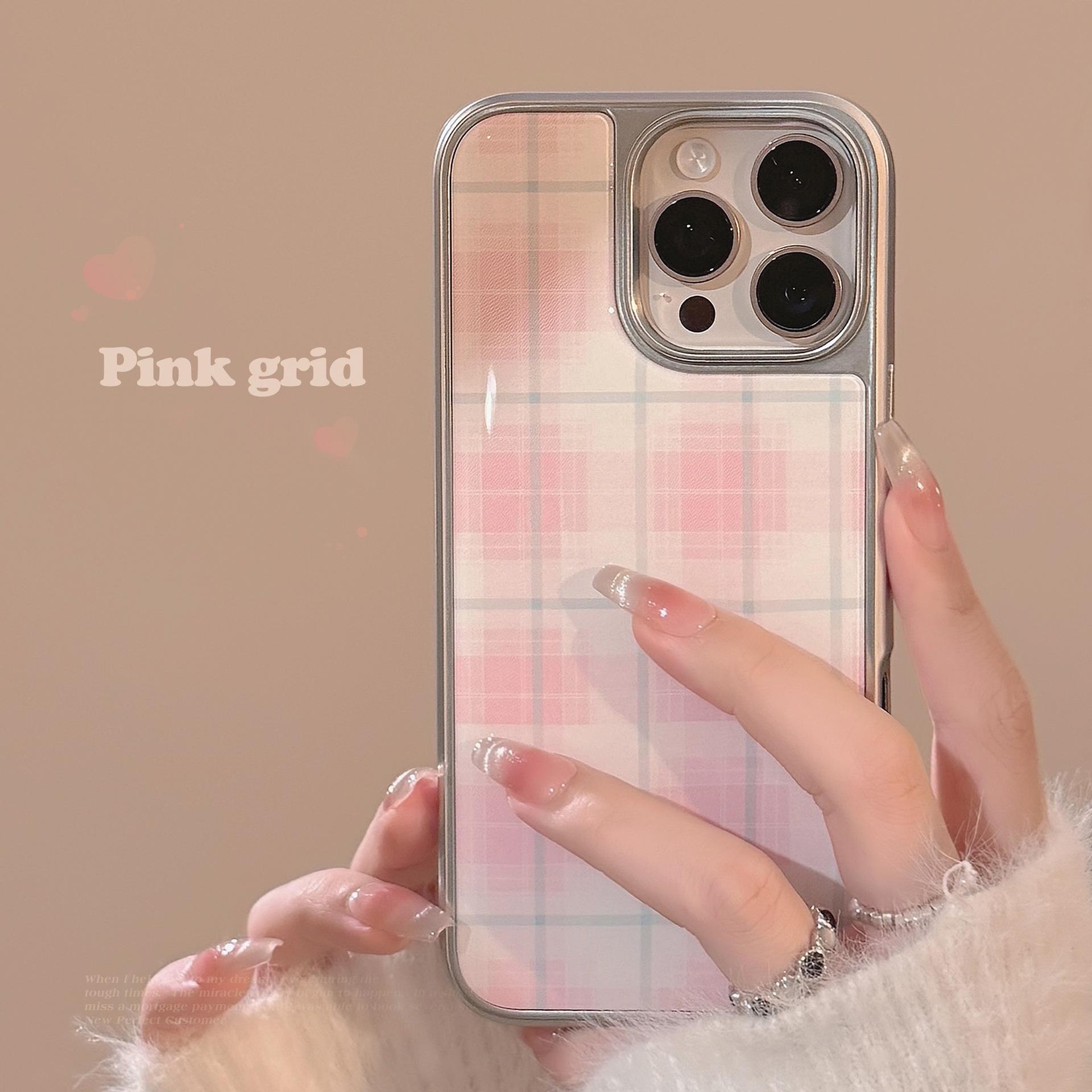 Pink Plaid Phone Case — Compatible with iPhone 16, 15 Pro Max, and 14 Models; Resin-Coated, Sweet Style, Electroplated Finish
