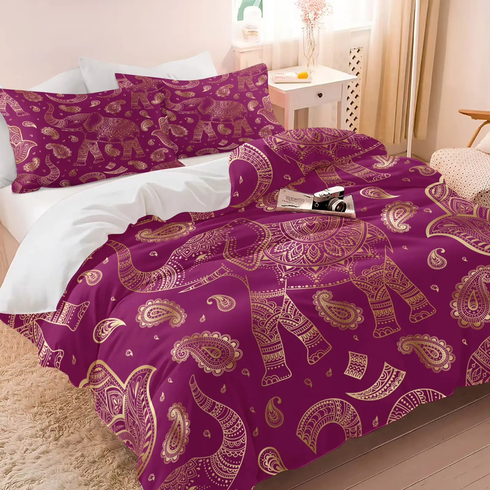 2/3-Piece Mandala Elephant Bedding Set — Bohemian Paisley Ethnic Print Duvet Cover Set — Luxurious & Stylish Bedroom Decor (Soft & Comfortable; Includes 1 Duvet Cover + 1 or 2 Pillowcases — Fillings Not Included)