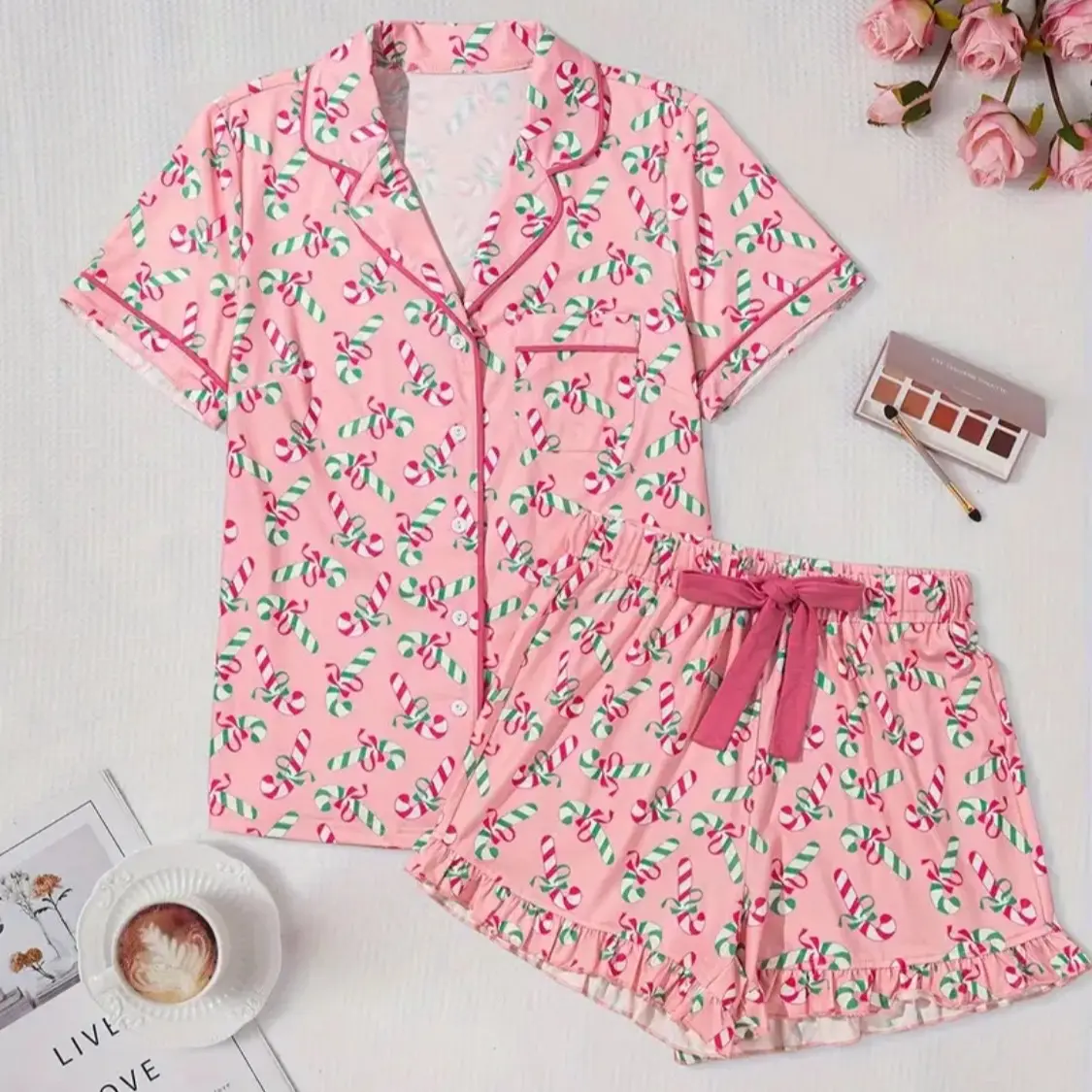 Women's Christmas Candy Cane Print Cozy Knit Pajama Set with Short Sleeves & Bow Tie Detail - Soft Polyester Blend - Nightwear, Loungewear