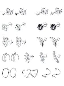 23 Pcs Silvery Multi-Piercing Earring Set for Women Men Stackable Styles in Hypoallergenic Stainless Steel Sparkling CZ Studs Lovely Tiny Feather Butterfly Heart Pendants Minimalist Mini Hoops for Diversified Layered Ear Styling