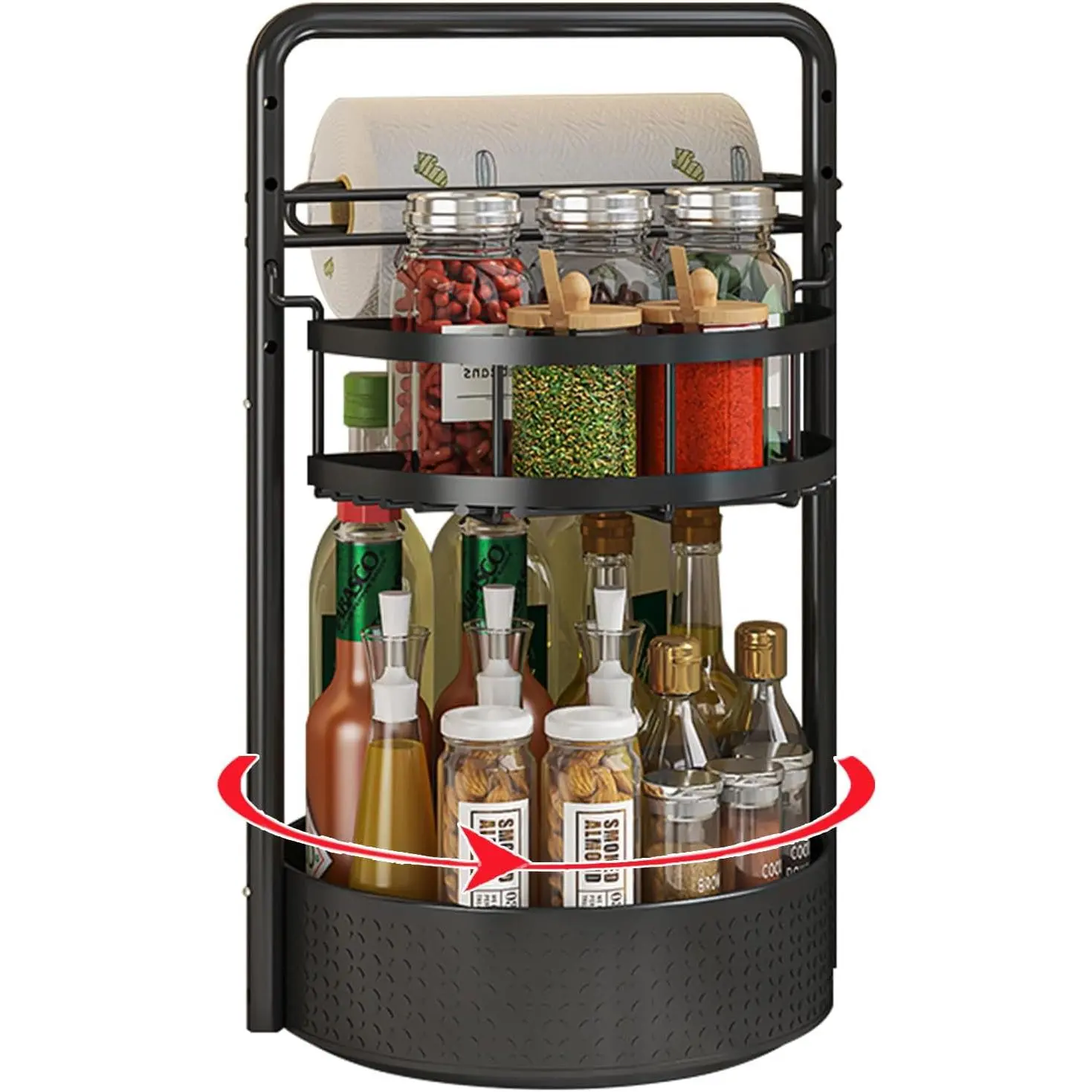 Rotating Spice Rack with Paper Towel Holder, 2 Tier Turntable Lazy Susan, Seasoning Organizer for Kitchen Countertop Cabinet, Black