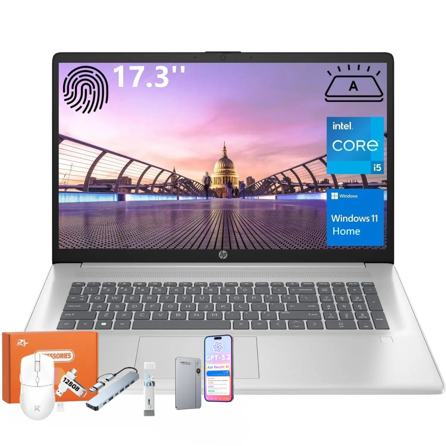HP Essential Business Laptop, 17.3" FHD Display, Intel Core i5-1334U, up to 32GB RAM, 512GB SSD, Wi-Fi 6, Webcam, Backlit Keyboard, Windows 11 Home, Silver, Bundle Accessory