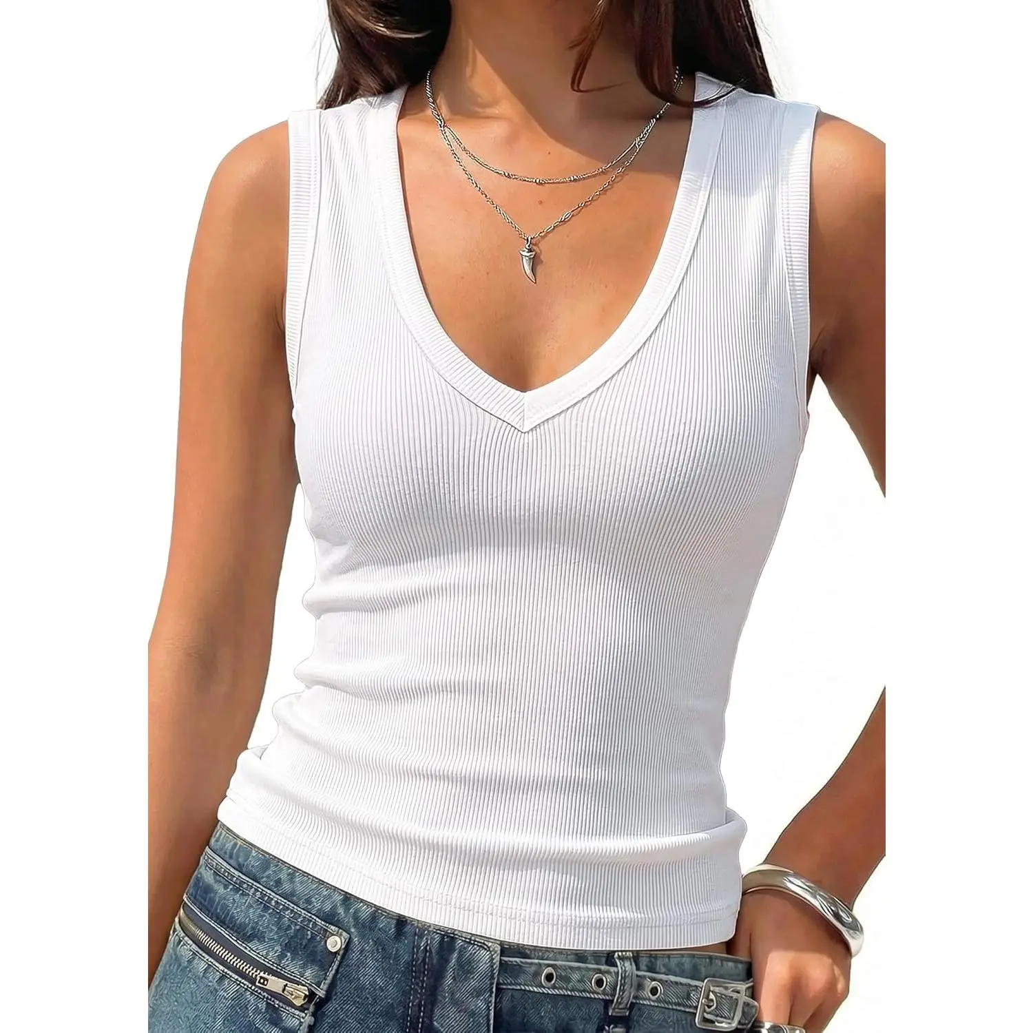 Prettywear Deep V Neck Tank Tops for Women 2026 Summer Fashion Clothes Sexy Casual Ribbed Fitted Sleeveless Going Out Tops