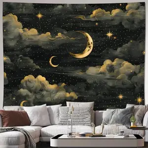 Bohemian Moon & Stars Velvet Tapestry - Soft Polyester Fabric, High-Quality Wall Hanging With Crescent Moon & Twinkling Stars Design, Perfect For Living Room, Bedroom, Or Office Decor, Multi-Size Options, Bedroom Wall Art |   Artistic Wall Decoration