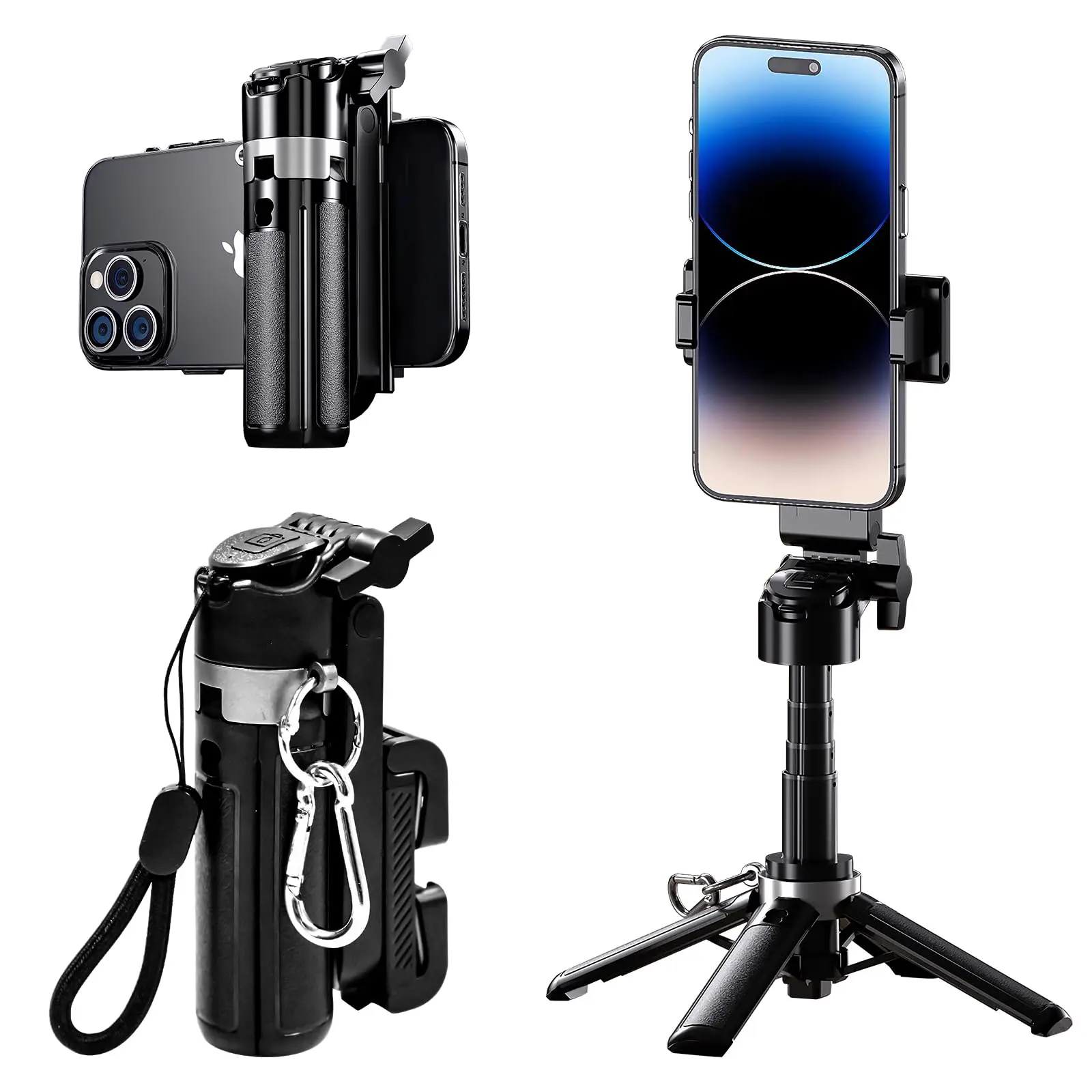 New Mini Selfie Stick Tripod, Extendable Grip Phone Tripod with Detachable Remote Pocket Size,5-in-1 Mini Phone Grip, 10m Wireless Shutter, Vlog Livestreaming Photography Android Aluminium Alloy