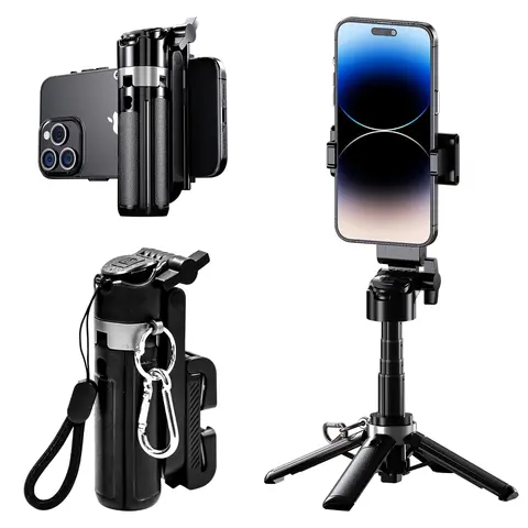New Mini Selfie Stick Tripod, Extendable Grip Phone Tripod with Detachable Remote Pocket Size,5-in-1 Mini Phone Grip, 10m Wireless Shutter, Vlog Livestreaming Photography Android Aluminium Alloy
