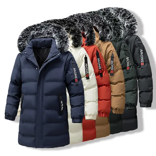 Men’s regular-fit mid-length parka for mature men, featuring a fluffy hood and collar, segmented stitching, windproof fabric, sleeve details, and elastic cuffs. Suitable for commuting during harsh winter snow conditions. Available in six solid colors.