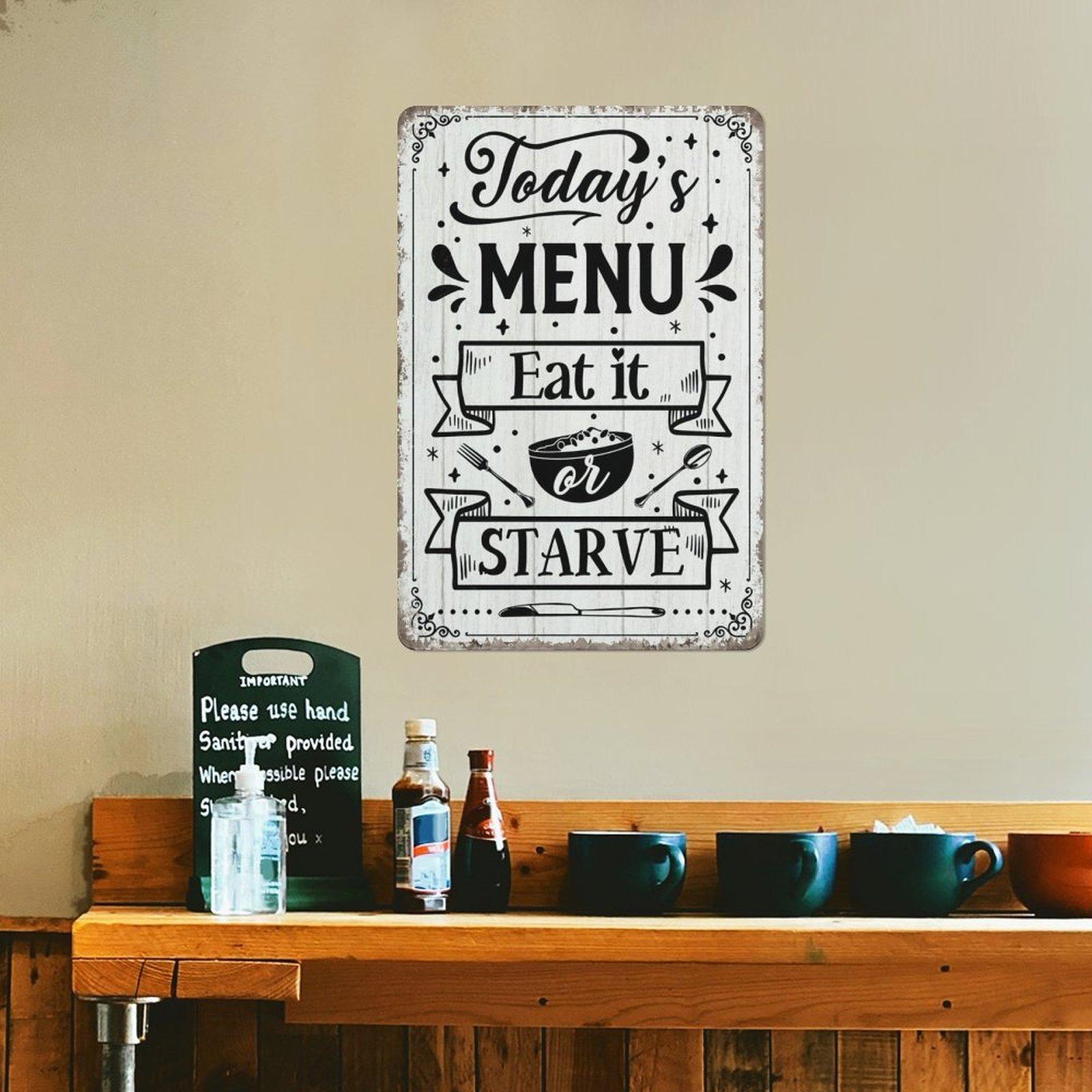Vintage 'Today's Menu Eat It or Starve' Metal Tin Sign - Perfect for Kitchen, Dining Room & Farmhouse Decor, Wall Hanging, English, Holiday Gift Idea,Wall Art Decor,Home Decor