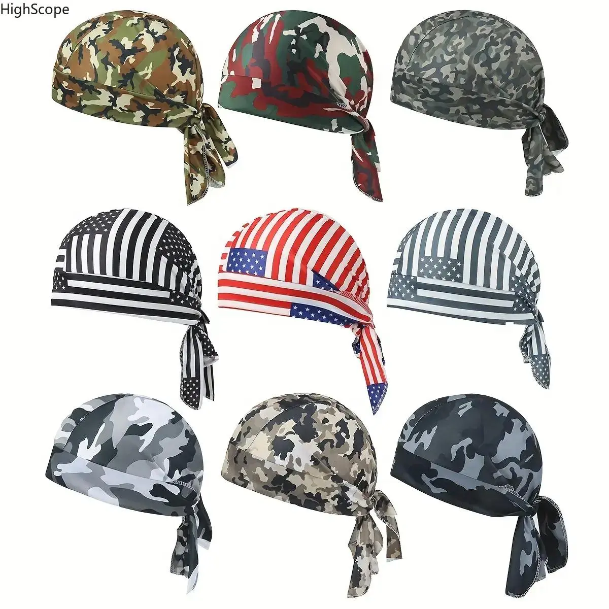 Unisex 9-Pack Cooling Sweat-Wicking Durags - Breathable Polyester Elastic Skullcap Wave Cap Design, Graphic Camo American Flag Designs, Sports & Outdoor Cooling Headscarf Caps for Adults, Cooling Headscarf Cap