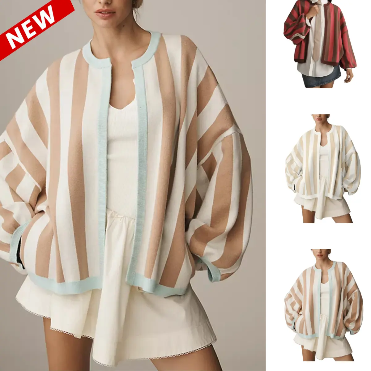 Yeokou Back to School Women's Striped Knit Cardigan, Casual Oversized Open Front Sweater, Long Balloon Sleeve, Baggy, Longsleeves