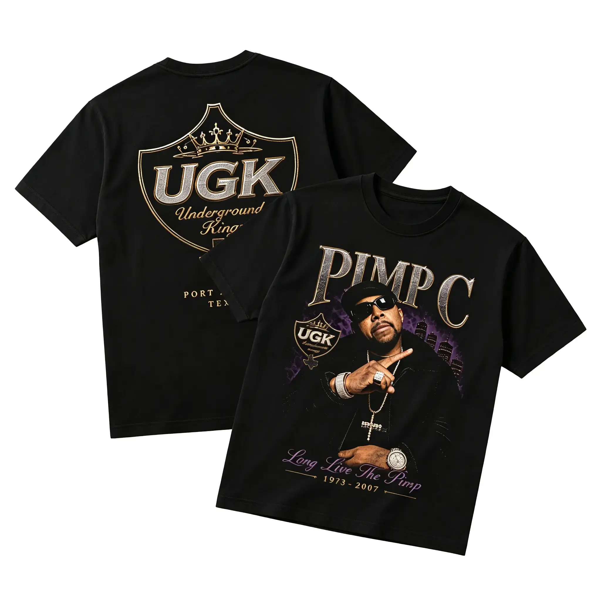 Heavy Cotton Unisex Graphic T-Shirt & Hoodie, Vintage Houston Texas Rap Streetwear, Long Live The Pimp Retro Portrait Tee, Underground Kingz Shield Logo Double Sided Crewneck Top, Classic 713 DJ Screw Southern Hip Hop Apparel