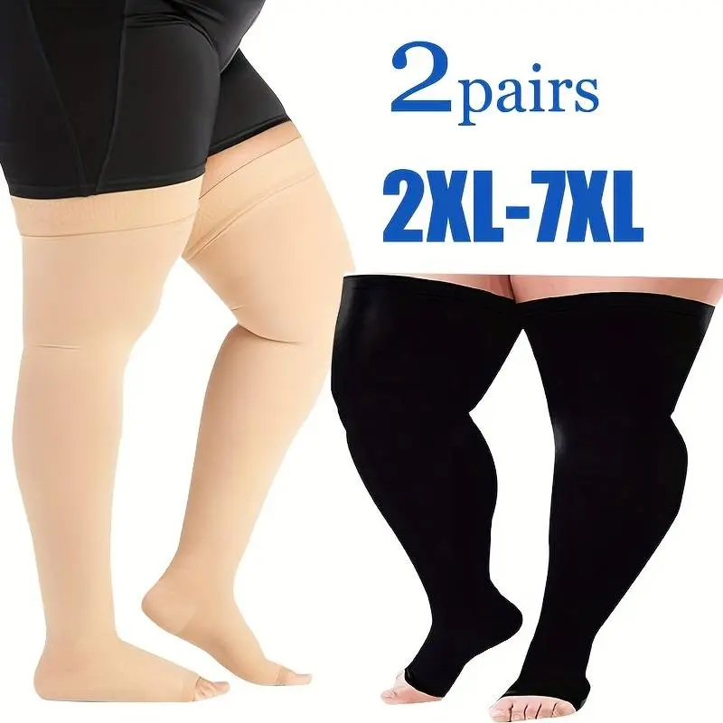 2 Pairs Plus Size Open Toe Over-the-Knee Compression Socks, Half-Toe Long Leg Support Stockings Available in 2XL, 3XL, 4XL, 5XL, 6XL, 7XL, Wide Fit Long Compression Socks, 2XL-7XL Thigh High Support Socks