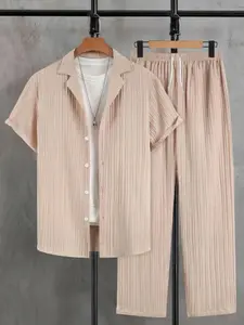 Men's Classic Plain Textured Loungewear Set, National Day Offers, Casual Button Front Shirt & Elastic Waist Pants without Tee & Necklace, Men's Sleepwear for All Seasons