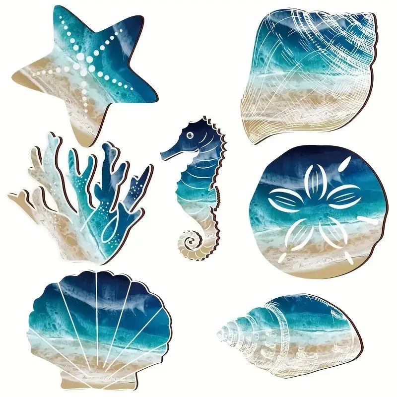 7-Piece Beach Starfish Shell Wall Decor Set, Creative Wall Art, Coastal Rustic Wooden Decoration for Bathroom & Bedroom, Summer Marine Nautical Home Decor, Print