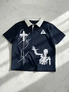[GOTH CYBER] Y2K Streetwear Graphic Polo Shirt, Electric Blue Skeletal Cross Print, Grunge Aesthetic Summer Top, Premium Cotton Loose Fit Tee for Men & Women (Gorpcore / Punk), TikTok Viral Style