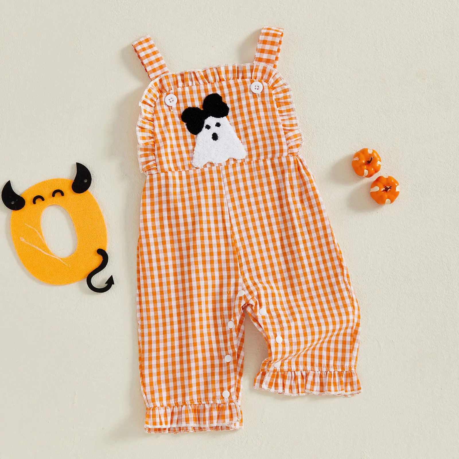 Newborn Baby Girl Halloween Clothes Pumpkin Plaid Overalls Sleeveless Jumpsuit Infant Bodysuit Outfits 0-18 Months