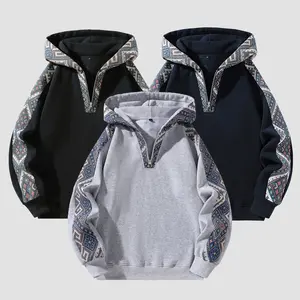 Men's Thick Knit Half-Zip Hoodie with Patchwork Contrast Color Design - Retro Ethnic Style, Fitted Silhouette, Warm & Cozy for Fall Outfits