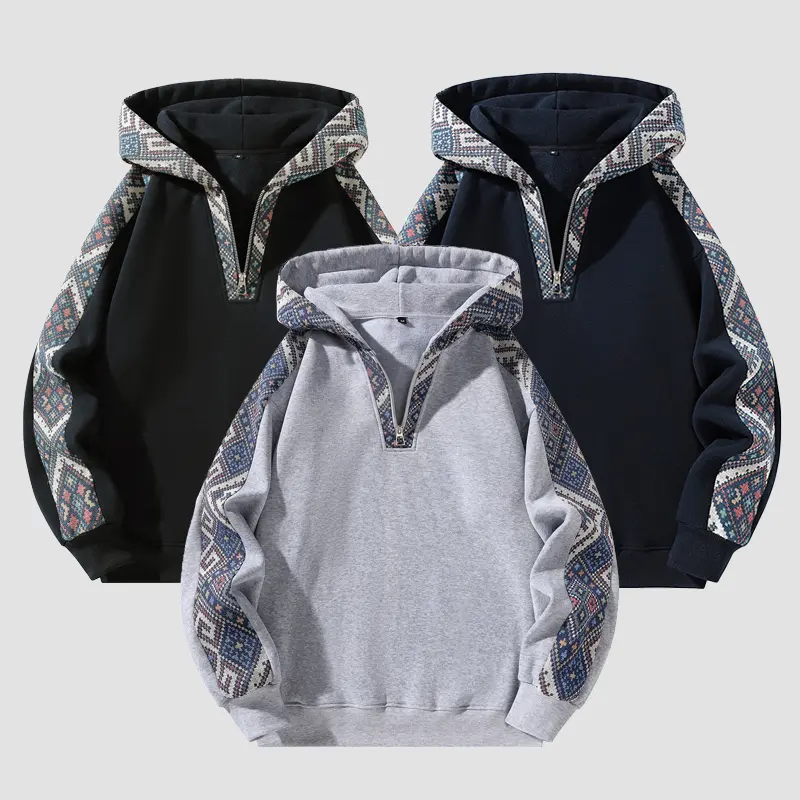 Men's Thick Knit Half-Zip Hoodie with Patchwork Contrast Color Design - Retro Ethnic Style, Fitted Silhouette, Warm & Cozy for Fall Outfits