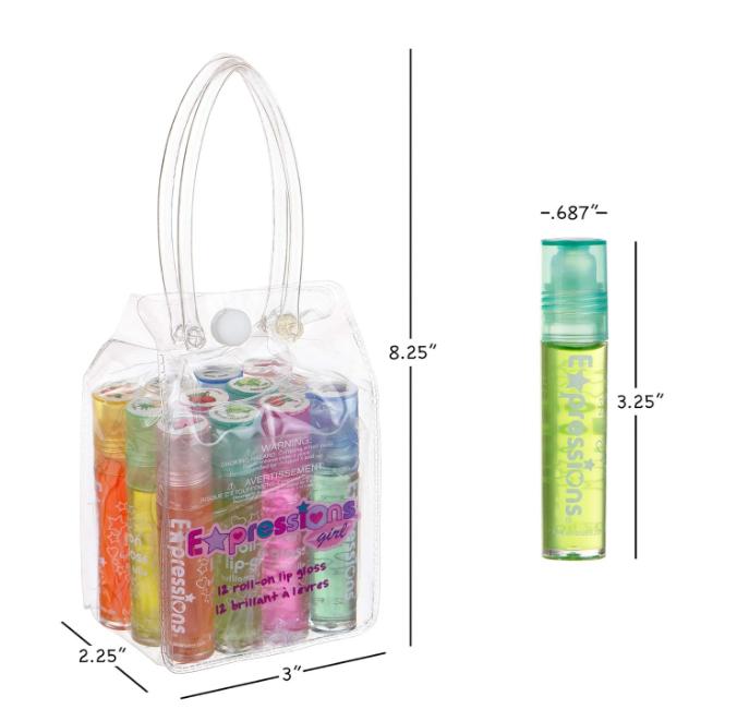 Expressions girl 12pc Roll On Lip Gloss Set with Carrying Case, Glossy Lip Make-up for Kids and Teens - Fruity Flavors