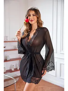 Women's Lace Kimono Robe Doll Costume Underwear, Role Play Erotic Mesh Sleep Dress Nightgown with Panties, Perfect for Parties and Events