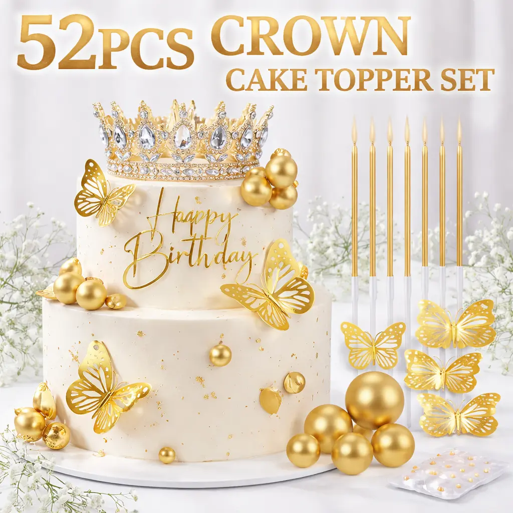 Crown Happy Birthday Cake Topper with Butterfly & Pearl Balls – Gold Glitter Crown Cake Decorations for Women, Princess, Queen – Birthday, Bridal Shower, Graduation & Prom Party Supplies