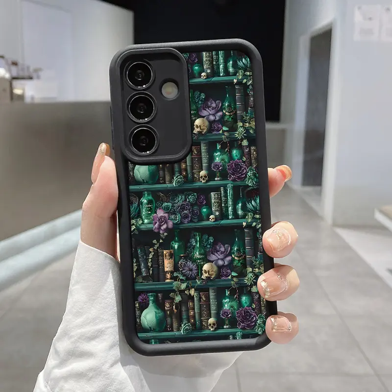 TPU Phone Case Compatible with Galaxy S23 Ultra S24 Plus S25 S22+ Vintage Bookshelf Skull Pattern Pocket-Friendly Shockproof Silicone Protective Soft Smartphone Casing