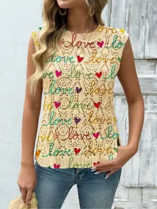 Heart Letter Print Round Neck Sweater Top, Casual Sleeveless Knitwear for Spring Summer Fall, Comfortable Warm Women's Clothing