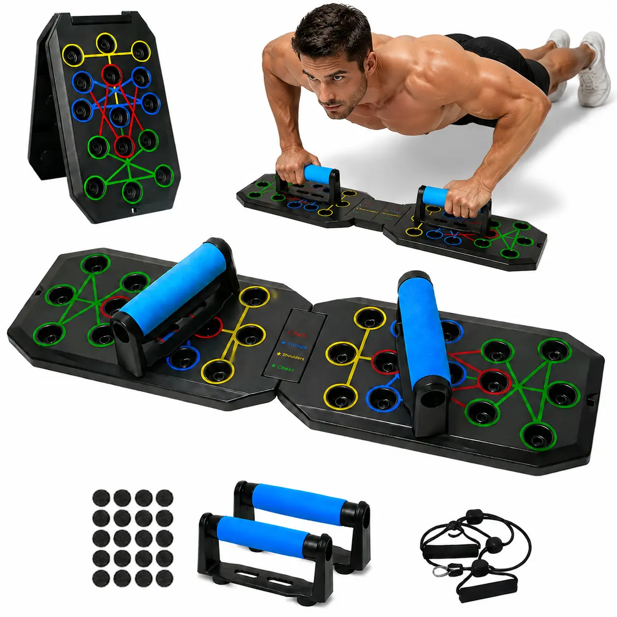 Push Up Board,Enhanced Push-up Board Fitness Kit with 30 Holes, Portable Home Exercise Equipment for Chest, Arms & Core, Includes Resistance Band & Upper Body Toner for Men & Women,Gifts for Fitness Enthusiasts,Summervibes.