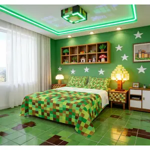 Pixelated Grid Bed Sheets Set,Geometric Camo Blocks Sheets Bedroom Decor,Miners Gamepad Games Bedding for Kids Bedroom,Green Brown Bed Sheet Set,(Fitted + Flat Sheet)