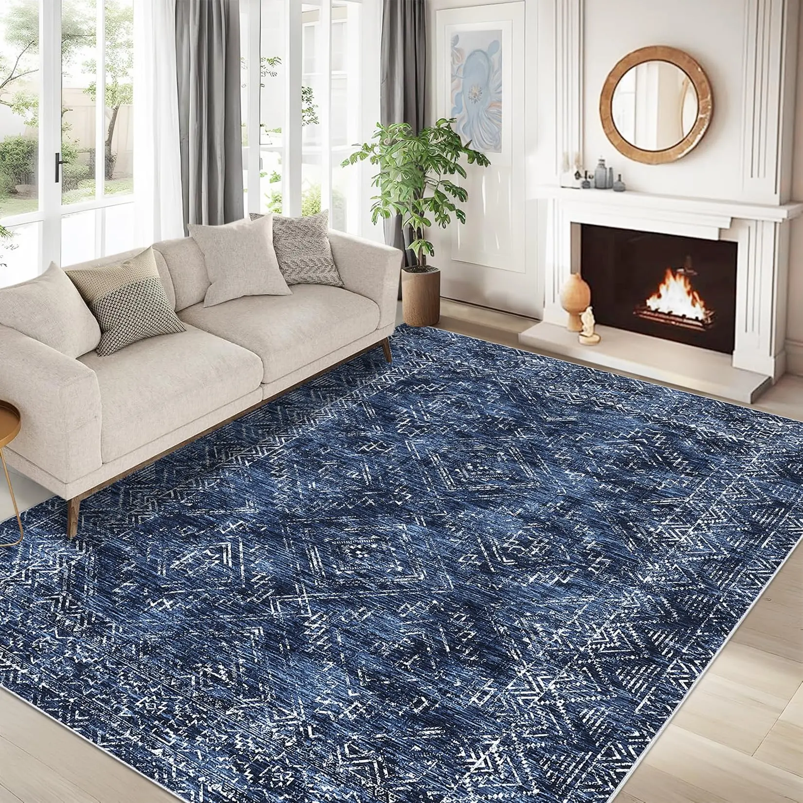 GARVEE 5x7 Blue Vintage Washable Area Rug, Low Pile Soft Floor Covering for Living Room, Bedroom, Office; Non-Shedding, Foldable, Farmhouse Style Throw Carpet