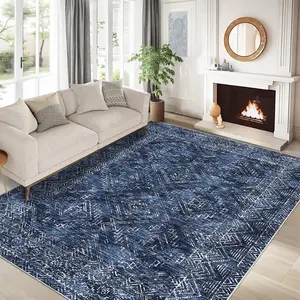 GARVEE 5x7 Blue Vintage Washable Area Rug, Low Pile Soft Floor Covering for Living Room, Bedroom, Office; Non-Shedding, Foldable, Farmhouse Style Throw Carpet