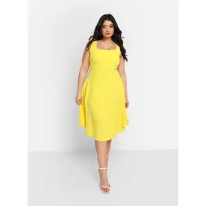 Nathalie Square Neck Midi A Line Dress - Bright Yellow