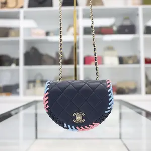 Pre-owned CHANEL Canvas Small Leather Goods Navy Quilted Lambskin Braided Mini Messenger Flap Bag