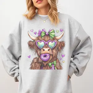 Mardi Gras - Highland Cow Eating Donut Sweatshirt - Ash Grey - Unisex Jersey Sublimation Design Vintage Style Comfortable Everyday Wear
