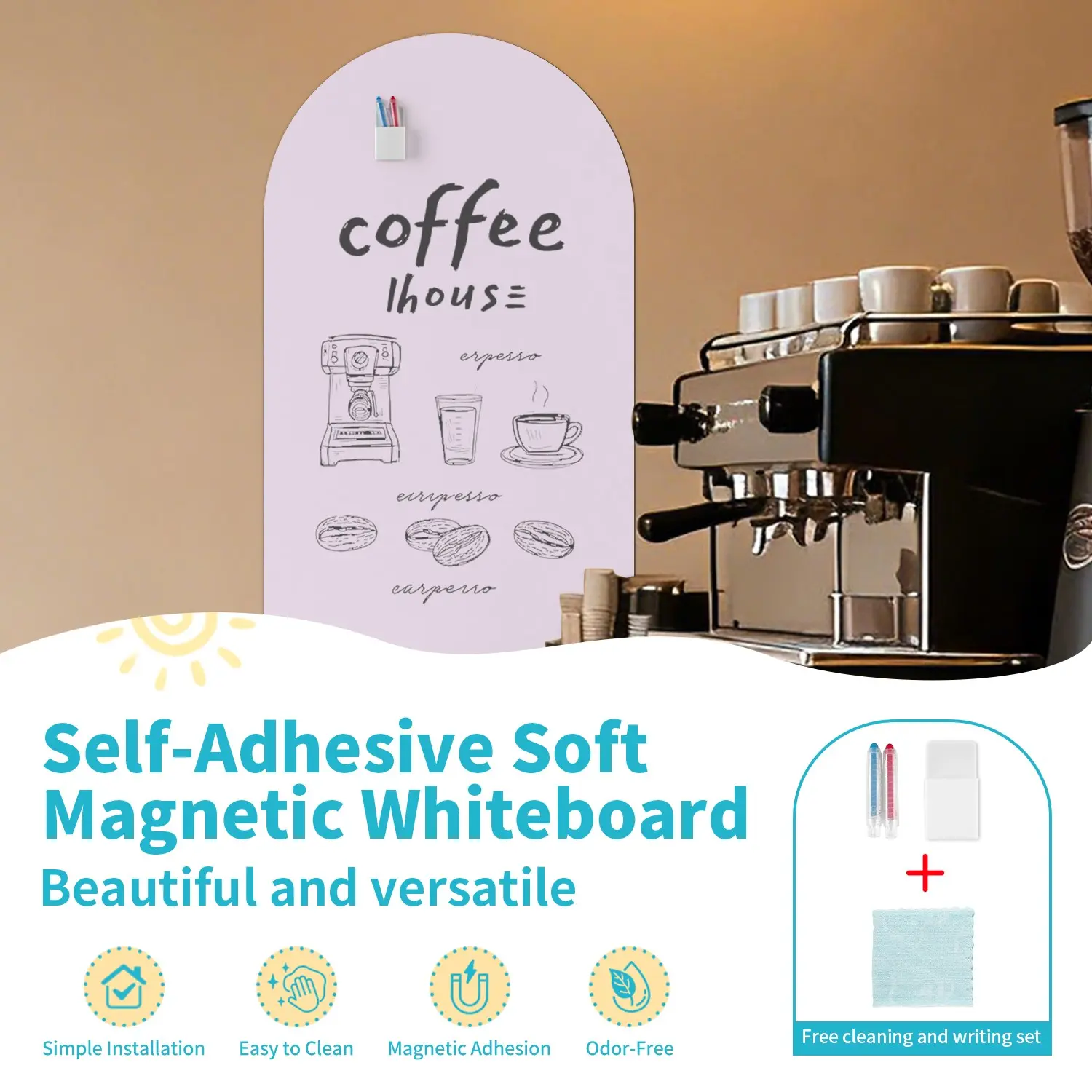 1pc Self Adhesive Soft Magnetic Whiteboard for Kids, Whiteboard Set, Quick Installation for Home Office, Includes 1 Storage Box and 2 Crayons