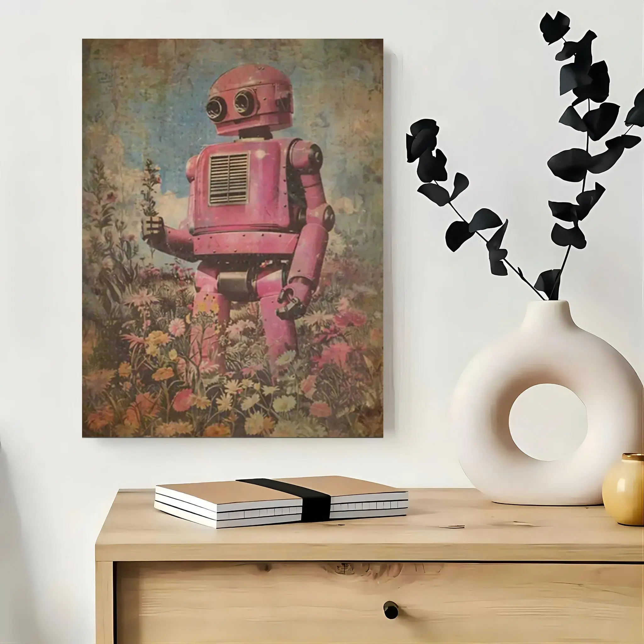 Framed Canvas 1pc Whimsical Pink Robot & Wildflowers Framed Canvas Art - Vintage-Inspired Wall Decor for Living Room, Bedroom, Office, Kitchen | Ideal Gift for Birthdays, Mother's Day, New Year | Pine Wood Frame, Cute Room Decor